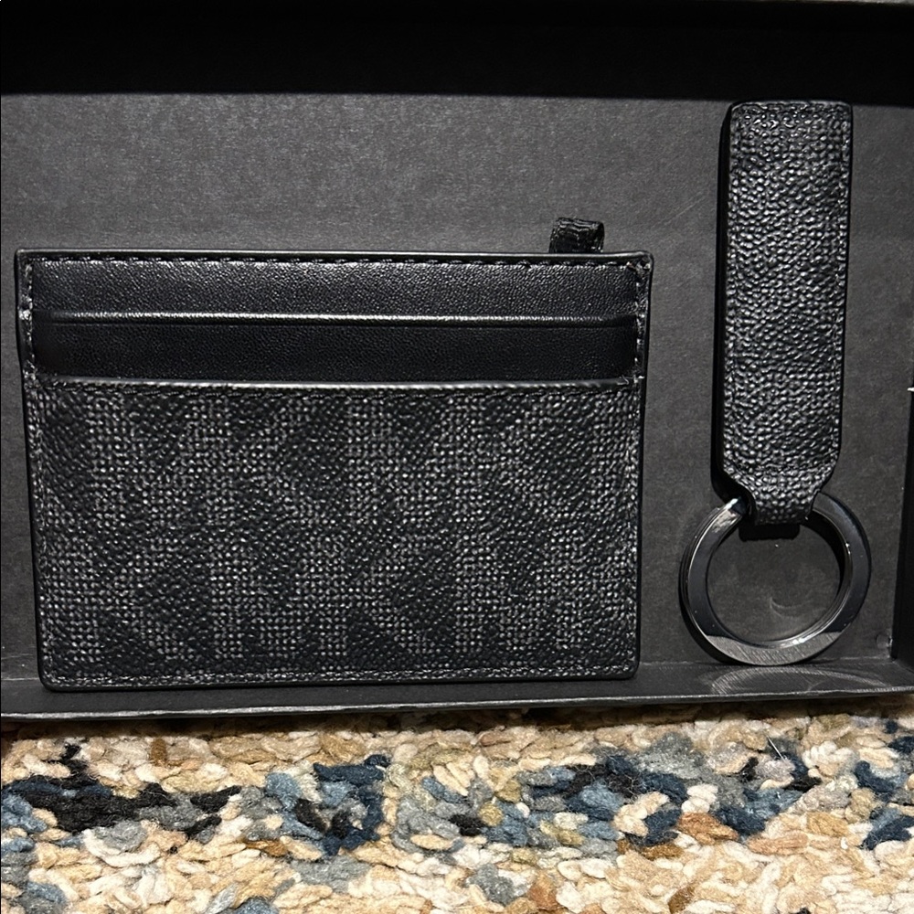 Michael Kors Black Textured Wallet and Keychain Set
